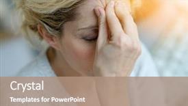  Presentation with aged - Slide deck with portrait of middle-aged blond woman having a migraine background and a coral colored foreground