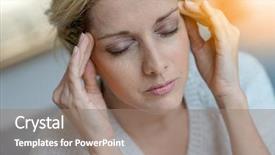  Presentation with aged - Colorful PPT theme enhanced with portrait of middle-aged blond woman having a migraine backdrop and a coral colored foreground