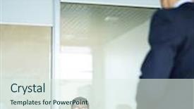  Presentation with meeting table - Cool new slides with portrait of middle-aged businessman using smartphone while listening to employee across the meeting table backdrop and a sky blue colored foreground