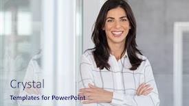  Presentation with looking glass - Theme having portrait-of-middle-aged-businesswoman background and a sky blue colored foreground