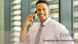  Presentation with entrepreneur - Presentation theme with portrait of middle aged entrepreneur talking on mobile phone background and a soft green colored foreground