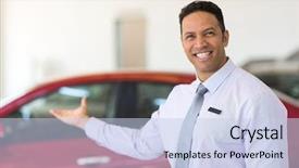  Presentation with salesman - Audience pleasing slide deck consisting of portrait of middle aged salesman presenting new car to clients backdrop and a light blue colored foreground