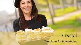 Presentation with muffins - Beautiful presentation design featuring portrait of middle aged woman holding a delicious muffins at park backdrop and a yellow colored foreground