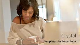  Presentation with news - Slides having portrait-of-middle-aged-woman background and a coral colored foreground