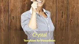  Presentation with looking glass - Cool new theme with portrait of middle aged woman looking through a magnifying glass against a wooden wall backdrop and a tawny brown colored foreground