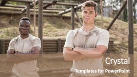  Presentation with obstacle course - Cool new PPT theme with portrait of military man standing backdrop and a coral colored foreground