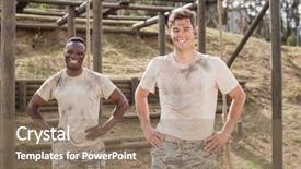  Presentation with obstacle course - Cool new PPT theme with portrait of military man standing backdrop and a coral colored foreground