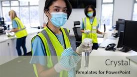  Presentation with disinfectant - Presentation design featuring portrait-of-mixed-race-woman background and a light gray colored foreground