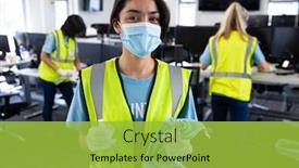  Presentation with disinfectant - Beautiful PPT theme featuring portrait-of-mixed-race-woman backdrop and a yellow colored foreground