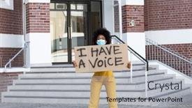  Presentation with woman rights - PPT layouts enhanced with portrait-of-mixed-race-woman background and a light gray colored foreground