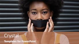  Presentation with woman rights - Colorful presentation theme enhanced with portrait-of-mixed-race-woman backdrop and a coral colored foreground