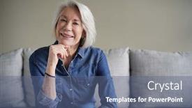  Presentation with denim - Beautiful slides featuring portrait of modern senior woman in all denim on couch backdrop and a ocean colored foreground