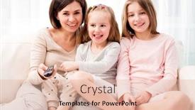  Presentation with coach - Amazing presentation theme having portrait of mom hugging her cute daughters while sitting on the sofa and watching tv at home happy family relaxing on the coach backdrop and a lemonade colored foreground