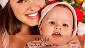  Presentation with baby tree - PPT layouts having portrait of mom wearing santa hat holding baby son under christmas tree background and a coral colored foreground