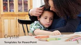  Presentation with indian mother son - Slide set having portrait-of-mother-consoling-son background and a coral colored foreground