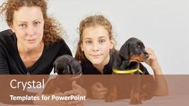  Presentation with doberman - Beautiful PPT theme featuring portrait of mother daughter and two little doberman puppies backdrop and a red colored foreground