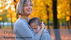  Presentation with bright yellow - Presentation design consisting of portrait of mother with her sad daughter in autumn city park bright yellow trees and leaves background and a teal colored foreground