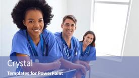  Presentation with scrubs - Presentation design featuring portrait-of-multi-cultural-medical background and a ocean colored foreground