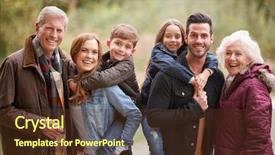  Presentation with multi - Colorful theme enhanced with portrait of multi generation family backdrop and a tawny brown colored foreground