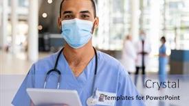  Presentation with surgical nurse - Audience pleasing presentation design consisting of portrait-of-multiethnic-doctor-using backdrop and a light blue colored foreground