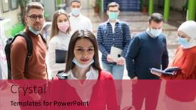  Presentation with face mask - Theme having portrait-of-multiethnic-students-group background and a red colored foreground