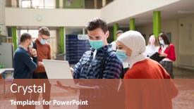  Presentation with face mask - Slide deck featuring portrait-of-multiethnic-students-group background and a red colored foreground