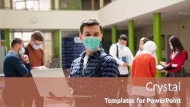  Presentation with face mask - PPT theme consisting of portrait-of-multiethnic-students-group background and a coral colored foreground