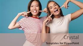  Presentation with women making - Beautiful slide set featuring portrait of multinational happy women making fun and pointing fingers their cheeks isolated over blue background backdrop and a coral colored foreground