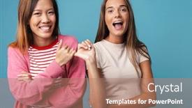  Presentation with women making - Colorful presentation theme enhanced with portrait of multinational joyful women laughing and making peace gesture with pinkies together isolated over blue background backdrop and a coral colored foreground