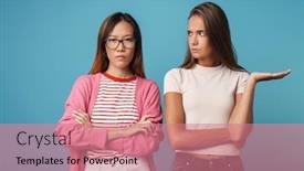  Presentation with women - Audience pleasing PPT theme consisting of portrait of multinational perplexed women posing with arms crossed isolated over blue background backdrop and a coral colored foreground