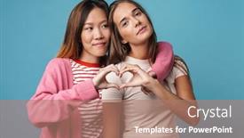  Presentation with fingers - Presentation design with portrait of multinational satisfied women hugging and showing heart gesture with fingers together isolated over blue background background and a coral colored foreground