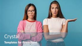  Presentation with unhappy women - Cool new PPT layouts with portrait of multinational unhappy women posing and looking at camera with arms crossed isolated over blue background backdrop and a teal colored foreground