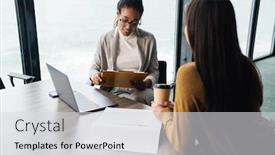  Presentation with job interview - PPT layouts featuring portrait-of-multinational-young-brunette background and a light gray colored foreground