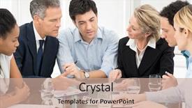  Presentation with meeting - Presentation theme with portrait of multiracial businesspeople brainstorming background and a coral colored foreground