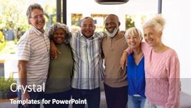  Presentation with assisted living - Slide deck having portrait-of-multiracial-cheerful-senior background and a navy blue colored foreground