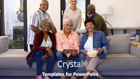  Presentation with assisted living - PPT layouts featuring portrait-of-multiracial-senior-friends background and a  colored foreground