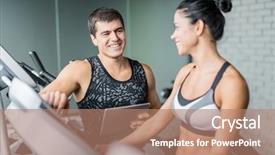  Presentation with personal leadership plan - Cool new slide deck with portrait of muscular personal instructor watching smiling fit woman use elliptical machine for exercise in modern gym backdrop and a coral colored foreground