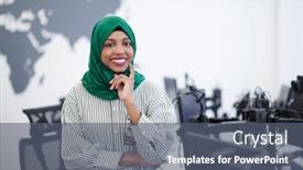  Presentation with green office - Audience pleasing slide set consisting of portrait-of-muslim-african-female backdrop and a gray colored foreground