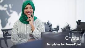  Presentation with developer - Presentation design featuring portrait-of-muslim-african-female background and a gray colored foreground