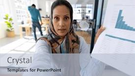  Presentation with business communication - Presentation featuring portrait-of-muslim-biracial-businesswoman background and a light blue colored foreground