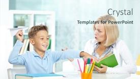  Presentation with naughty boy - Amazing PPT theme having portrait of naughty boy playing with paper plane at workplace and his indignant tutor looking at him backdrop and a sky blue colored foreground