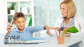  Presentation with naughty boy - Cool new presentation theme with portrait of naughty boy playing with paper plane at workplace and his indignant tutor looking at him backdrop and a light blue colored foreground