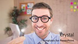  Presentation with cables - PPT layouts consisting of portrait of nerd man holding cables with flare in office background and a coral colored foreground