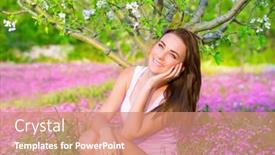  Presentation with tree spring flowers apple flowers - PPT theme enhanced with portrait of nice dreamy girl sitting down on pink flowers field in apple tree garden watching for first spring blossom beauty of nature concept background and a coral colored foreground