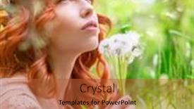  Presentation with green-beauty - Slide set enhanced with portrait of nice dreamy woman on fresh green field with dandelion flower bouquet having fun in spring park enjoy nature beauty background and a red colored foreground