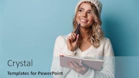  Presentation with diary - Cool new slide deck with portrait-of-nice-thinking-woman backdrop and a light blue colored foreground