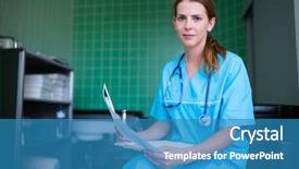  Presentation with report - Amazing PPT theme having portrait of nurse holding medical backdrop and a teal colored foreground