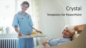  Presentation with breakfast - PPT theme having portrait of nurse serving breakfast to senior woman in bedroom background and a light gray colored foreground
