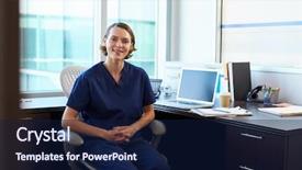  Presentation with scrubs - Audience pleasing theme consisting of portrait of nurse wearing scrubs sitting at desk in office backdrop and a navy blue colored foreground