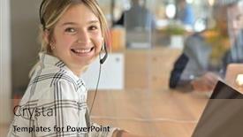  Presentation with online meeting - Colorful slide set enhanced with portrait-of-office-worker-having backdrop and a coral colored foreground